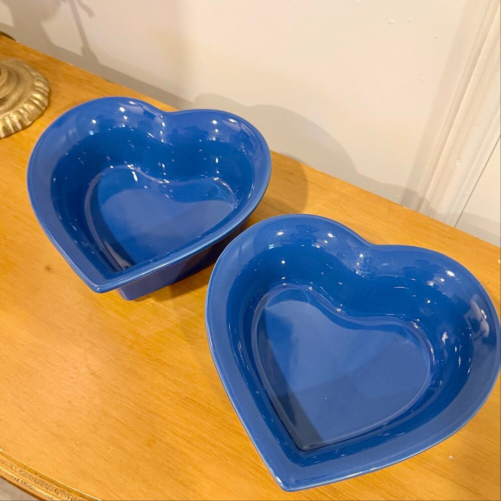 Vintage Portugal Coche Stoneware Cobalt Blue Heart Shaped Bowls Set of 2